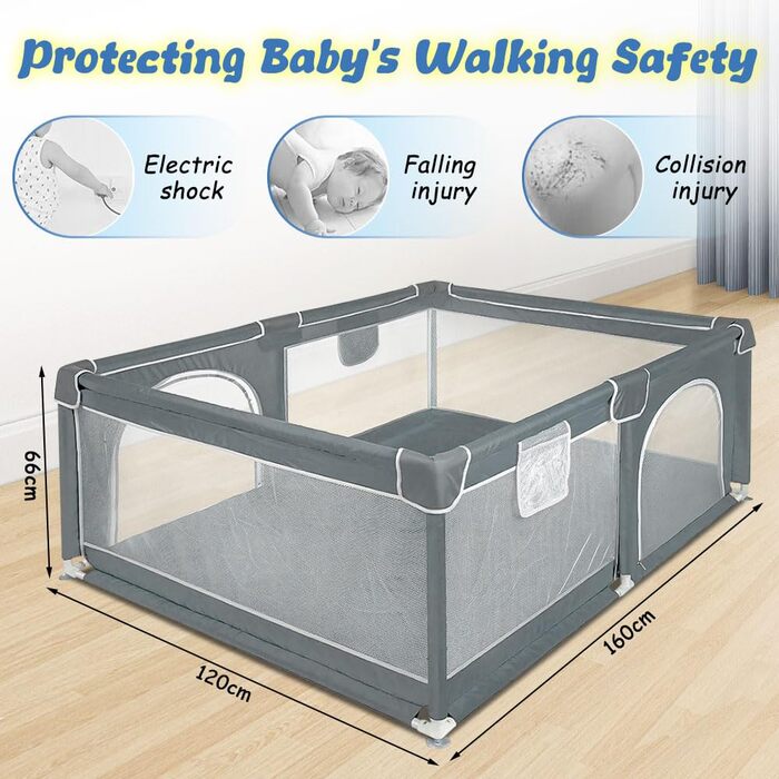 Baby Playpen, 160 x 120 cm, Activity Fence for Kids, with Base, Modular, Foldable, Large Playpen for Toddlers with Zipper Door (gray)