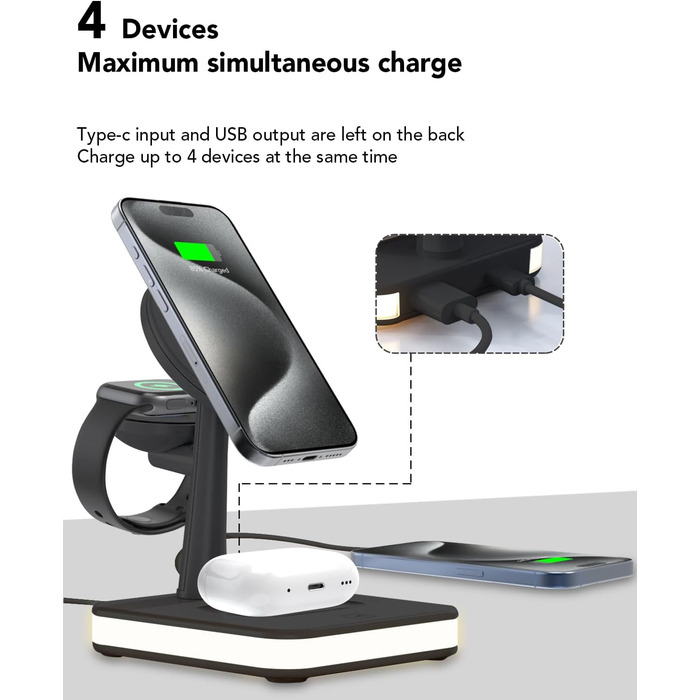 Бездротовий зарядний пристрій 4-в-1 з підсвічуванням та USB-портом для Apple iPhone, iWatch, AirPods (Чорний)