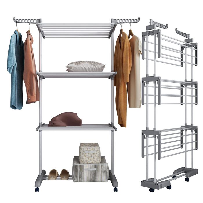 Сушарка для білизни тур-тип на коліщатках, сіра. Розкладна конструкція, 6 крил, 2 бічні крила, для дому та вулиці