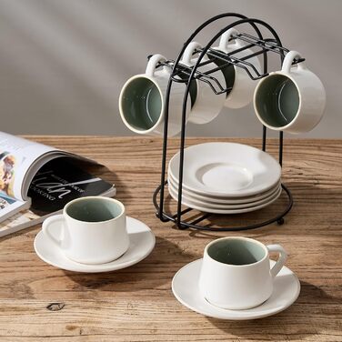 Набір керамічних чашок та підставок для кави з металевим стійкою (6 шт.), 130 мл - Cappuccino, Espresso, Latte, Americano, Чай, чорний колір