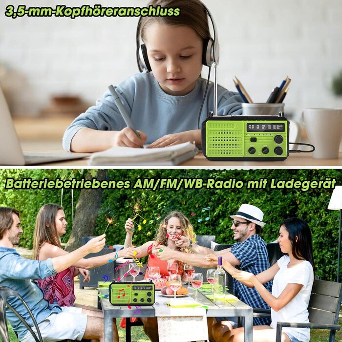 Сонячне радіо Kurbelradio 8000mAh з ручним генератором, AM/FM, LED ліхтарик, SOS, компас, IPX3, для кемпінгу та відпочинку на природі (зелене)