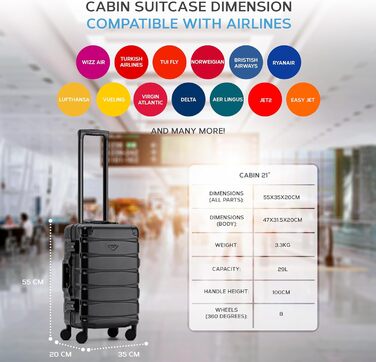 Чемодан Flight Knight Premium Travel - 8 коліс, алюмінієва рама, ABS корпус, 55x35x20 см, чорний