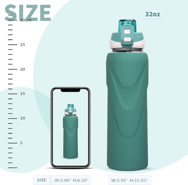 1 liter / 1l Drinking Bottle Glass with Straw BPA Free Glass Bottle with Silicone Sleeve Borosilicate Glass Water Bottle (Deep Green)