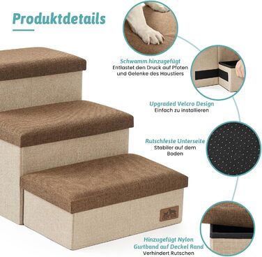 Сходинка для собак маленьких порід зі зберіганням, широка, складна для ліжка та дивану, з неслизьким дном, вологостійка (4x72x42.5 см), розмір 4x72x42.5 см (колір: коричневий, кількість: 4, розмір: 43x97x56 см)