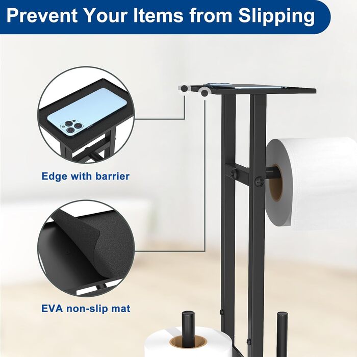 Stainless Steel Toilet Paper Holder with Brush - Standing Toilet Paper Roll Holder with Tray and Glass Shelf (Matte Black)