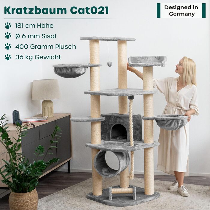 Кігтеточка для котів HAPPYPET 181 см - стабільний кімнатний комплекс з будинком, тунелем та ігровим майданчиком, сірий