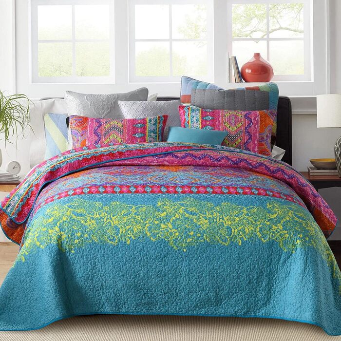 Qucover Boho Bedspread 220x240cm Duvet Cover for Double Bed Quilted Blanket with 2 Pillows Indian Style Boho-3 220x240cm+50x75cm x2