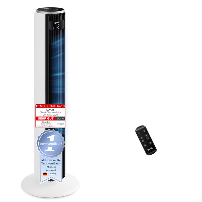 Турбовентилятор Levoit з мотором DC - тихий, 4 режими, таймер 12 годин, пульт керування, швидкість 7.9 м/с, 24W, білий, 92 см