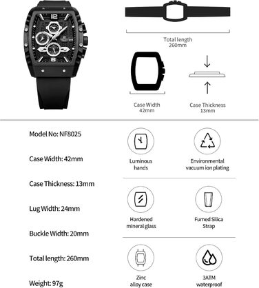 Чоловічий кварцовий годинник Naviforce з автом. датою та тижневим індикатором, аналоговий (чорний+білий+чорний)