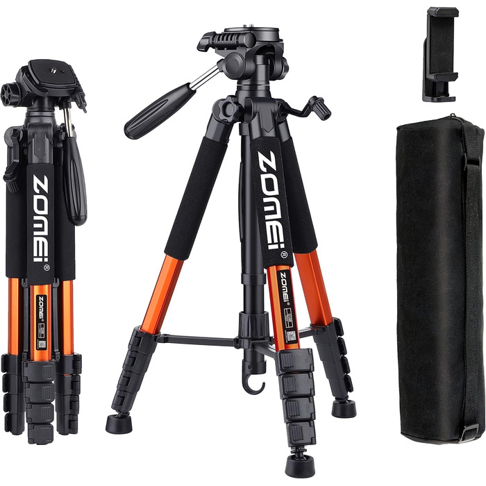 Штатив ZOMEi 188 см - важкий, для професійного відео та фото, сумісний з DSLR, телефонами, проекторами, біноклями, телескопами (чорний, помаранчевий)