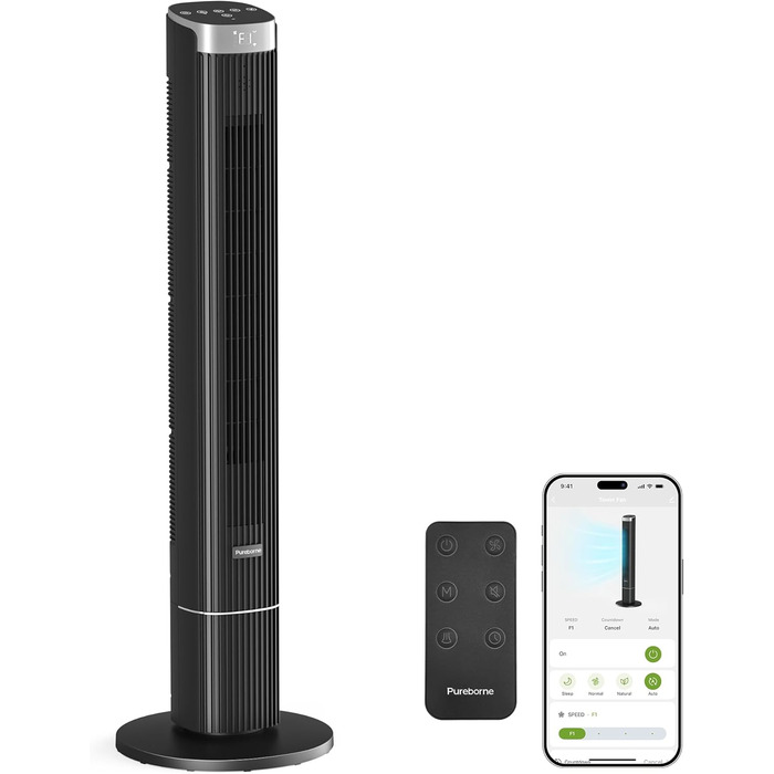 Вентилятор Pureborne Leiser: Турбо-вентилятор з осциляцією 90°, Wi-Fi, пульт, 4 режими, таймер 12 год, чорний, 102 см