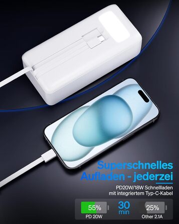 Портативний зарядний пристрій Power Bank 50000mAh з інтегрованим кабелем: швидка зарядка 22,5W, велика ємність, LED-ліхтарик, 7 виходів & 3 входи, 2x25000mAh, білий