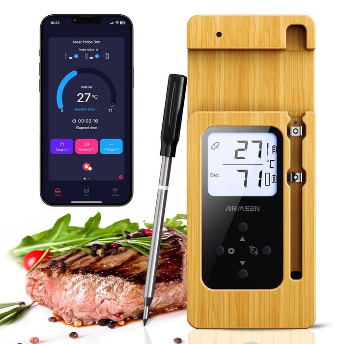 Бездротовий термометр для м'яса AIRMSEN з LCD-дисплеєм, Bluetooth, водонепроникний IPX8, керамічна ручка, додаток для керування, для гриля, духовки та барбекю