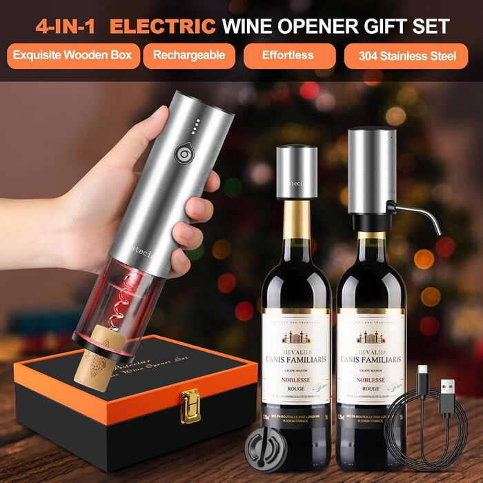 Electric Wine Opener 4-in-1 Set with Automatic Wine Decanter & Wine Opener USB-C Rechargeable, Vacuum Stoppers, Foil Cutters, Gift Box for Wine Lovers