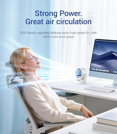 USB Turbo вентилятор для столу: тихий, потужний, з LED-дисплеєм, 5 швидкостей, 360° обертів, портативний для дому, офісу та відпочинку – TurboBreeze (сніжно-білий)