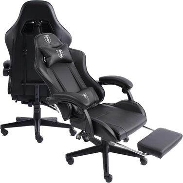 TRISENS Gaming Chair with Racing Design featuring flexible padded armrests, ergonomic PC gaming chair in leather look, desk chair with retractable footrest and extra support cushion, color: black