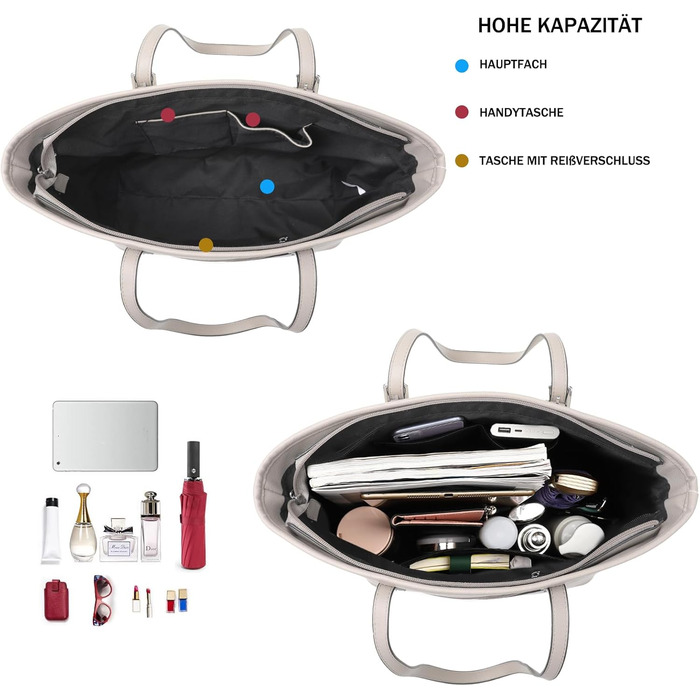 Сумка жіноча TANTOMI з гаманцем: велика сумка для офісу, школи, покупок, сіро-бежева з пензликами та пухнастим брелоком