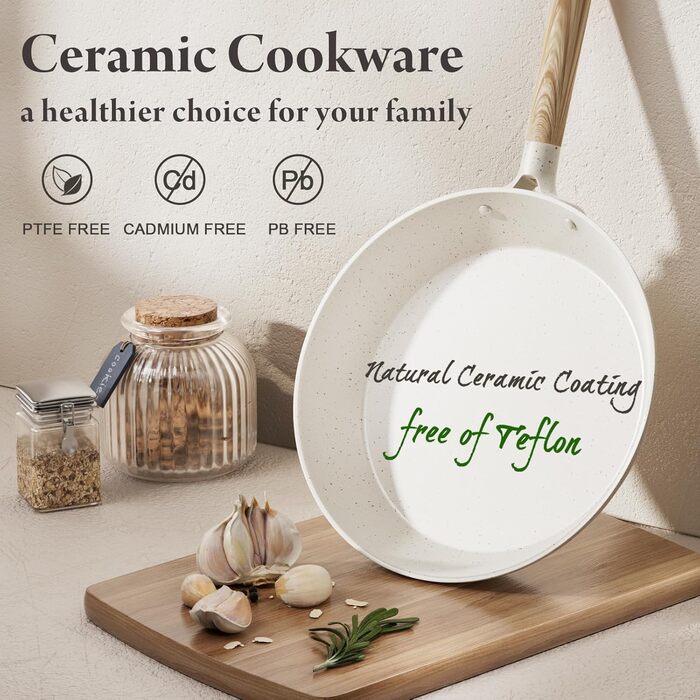 Набір посуду 14 предметів з антипригарним покриттям, преміум-кераміка, для індукційних плит, без PFOA, PTFE, PFAS, з аксесуарами