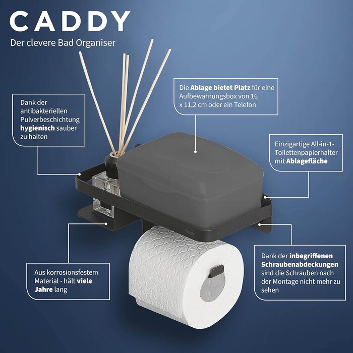 Тримач для туалетного паперу Tiger Caddy з полицею для смартфона та вологих серветок, настінний, чорний (24 x 10 x 11,6 см)