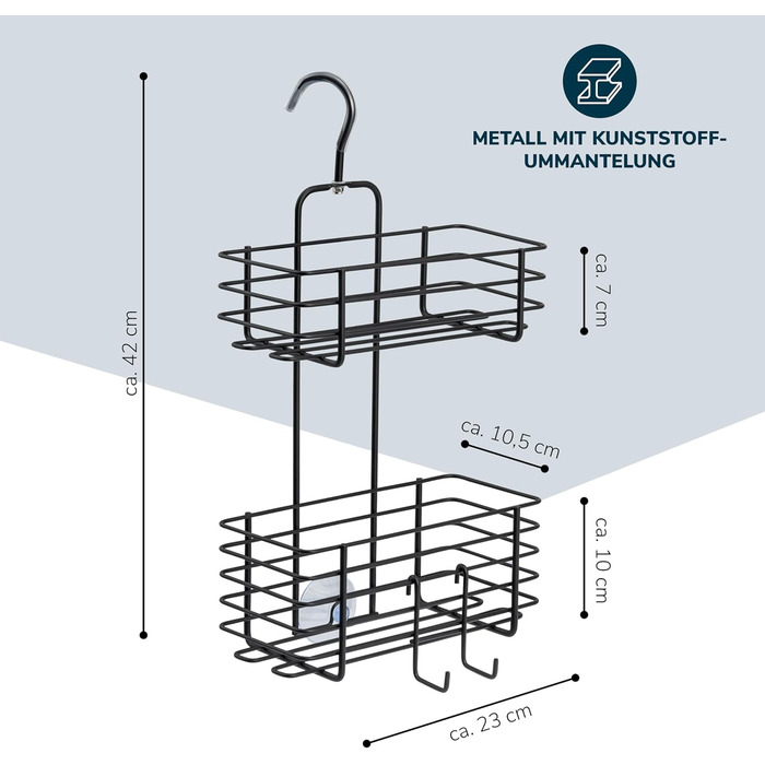 Bremermann Shower Shelf with 2 Baskets, for Hanging, Removable Hook (black)