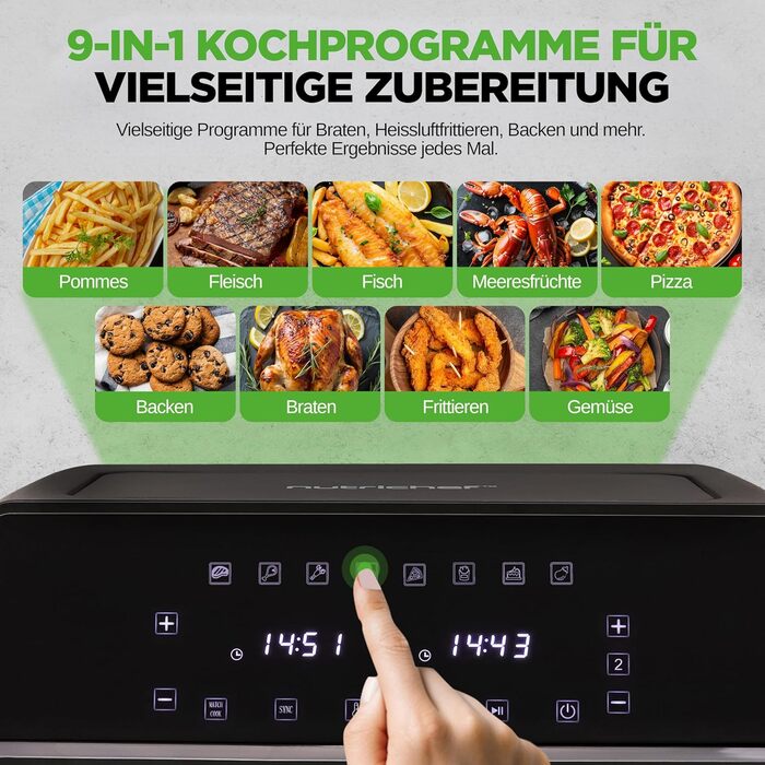 Фритюрниця NutriChef з гарячим повітрям, XXL 8л, подвійна камера, вікно, max 360°C, 9 програм, антипригарне покриття, придатна для миття в посудомийній машині, приготування без жиру, фритюрниця, гриль, духовка, 1700W, 8л, чорний