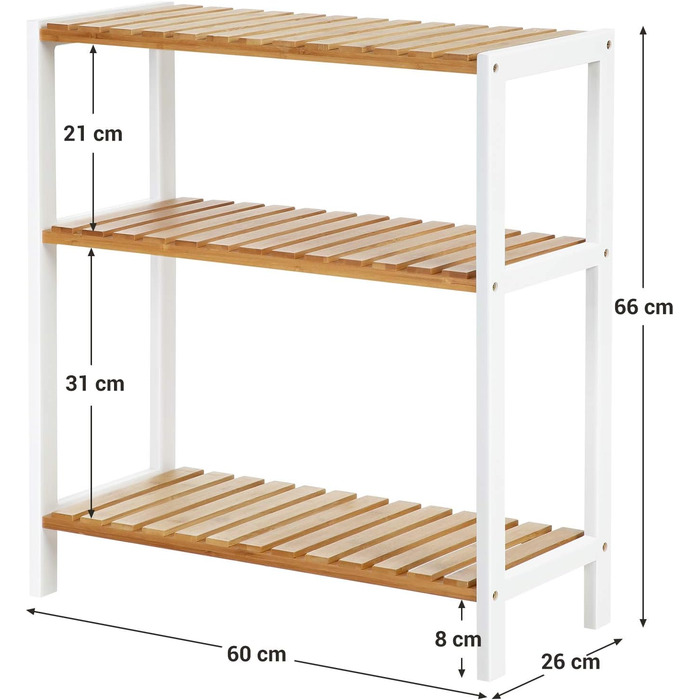 Бамбукова полиця SONGMICS 3 яруси для ванної, кухні, взуття, 60x26x66 см, натуральний/білий, універсальний стелаж