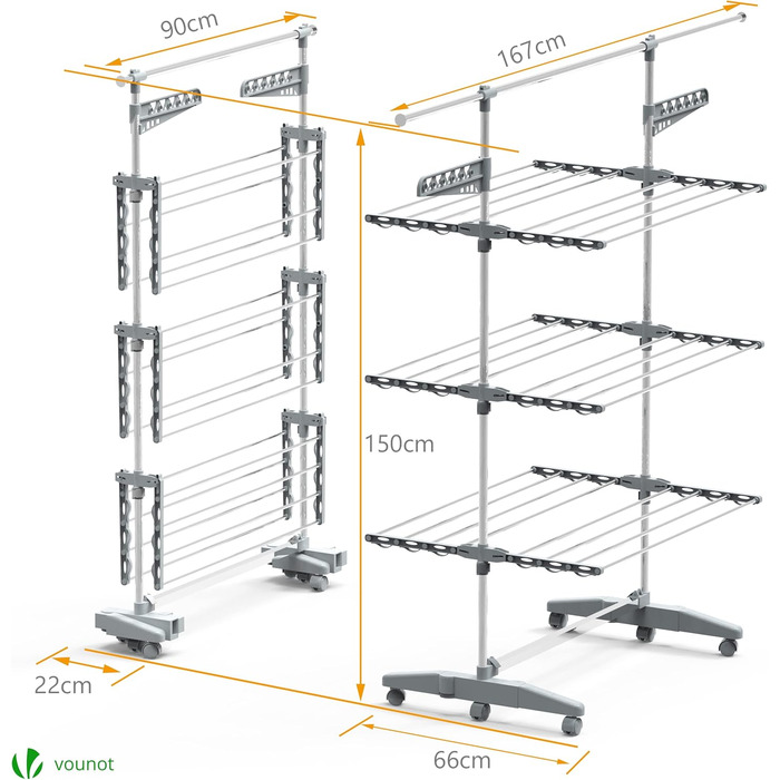 Сушарка для білизни VOUNOT Turm - турнічна сушарка з нержавіючої сталі, 23м довжини, 3 рівні