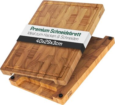 Преміальна обробна дошка з масиву гевеї, торцеве дерево, 40x29x3 см, FSC сертифікат, з ніжками, соковловлювачем і ручками