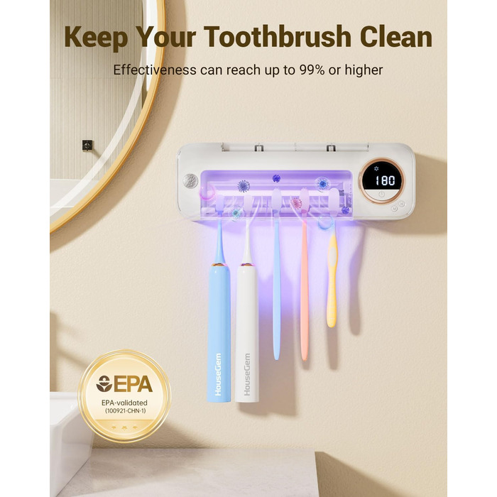 Wall-mounted toothbrush holder with automatic drying, 4000 mAh battery, infrared sensor, holds 5 toothbrushes