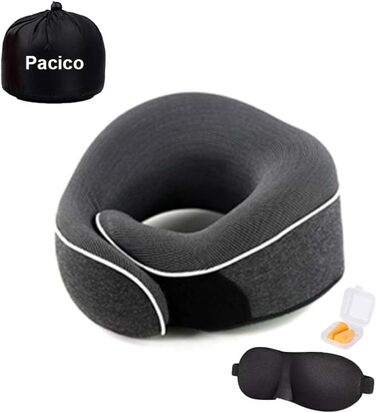 Подушка для шиї, туристична, з піною з пам'яті, для авто, поїздів та літаків, комплект з маскою для очей та берушами (темно-сіра)