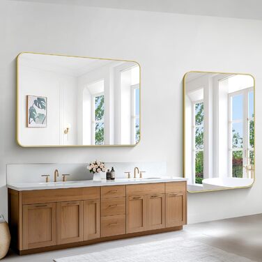 Дзеркало для ванної кімнати BONEWEI, 61 x 121,9 см, прямокутне, для монтажу на стіну, з рамою, косметичне дзеркало з округлими кутами, для спальні, вітальні, передпокою, горизонтальне (Золотий, 139.7L x 91.4B cm)