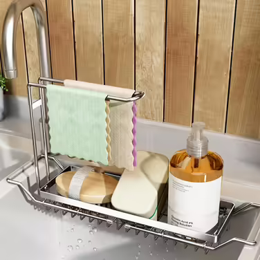 TZAMI Dish Soap Organizer with Sponge Holder, Stainless Steel Sponge Holder, Small Dish Rack Shelf Caddy, Kitchen Organization Helper (Silver, S)