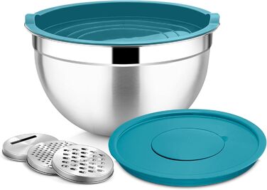Миска Joyfair 4,5 л з нержавіючої сталі з кришкою, набором терок для приготування їжі, миска для салатів, посудомийна машина - блакитна