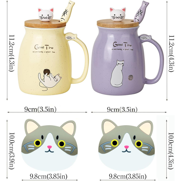Set of 2 Cat Mugs - Cute Ceramic Coffee Cups in a Set of 2 with Bamboo Lid and Spoon. Novelty Morning Cup Coffee, Milk, Tea Cups - 3D Cat Animal Mugs for Cat Lovers (Purple and Yellow)