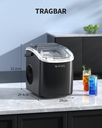 Машина для приготування льоду Ecozy - швидка та компактна, 9 кубиків за 6 хвилин, 12 кг/24 год, самоочищення, 2 розміри кубиків, для офісу, дому, бару та вечірки, чорний