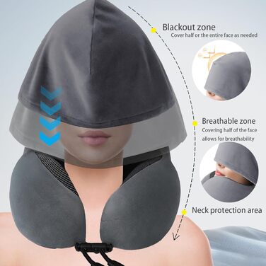 Подушка для шиї Memory Foam | Подушка для подорожей в літак з 95% захистом від світла, регульована підтримка шиї, для подорожей, офісу та сну на боці (темно-сіра)