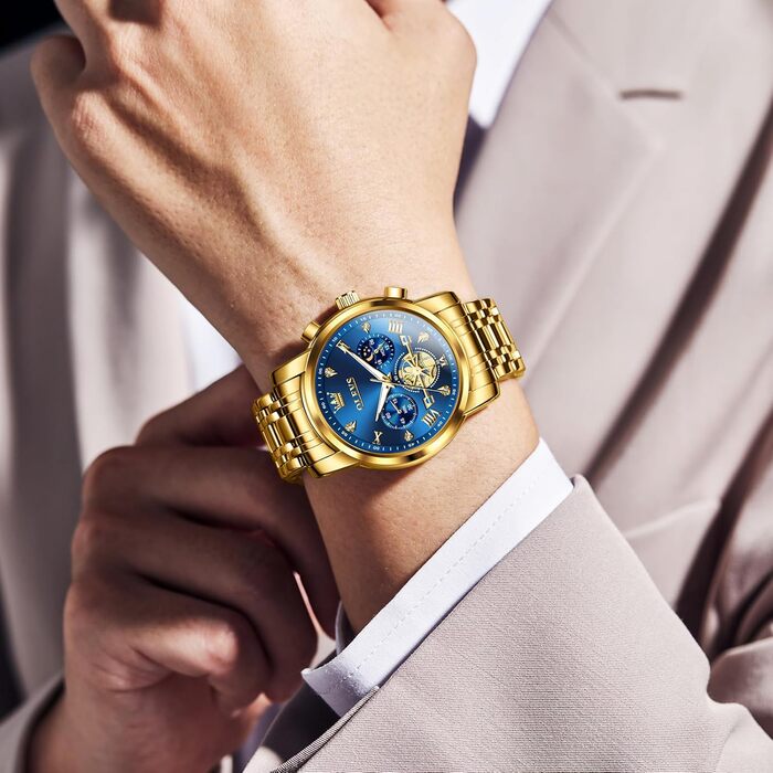 Годинник чоловічий OLEVS з металевим ремінцем, кварцовий, з місячною фазою, хронограф, водостійкий (2856 Blue / Gold)