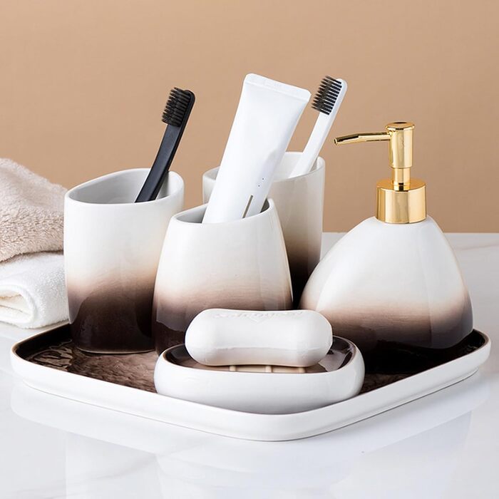 Набір аксесуарів для ванної кімнати 4 шт. Сірий, з дозатором мила, мильницею та 2 стаканчиками для зубних щіток, з малюнком 