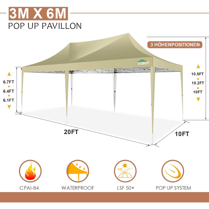 COBIZI Pavilion 3x3 Waterproof, Stable, Winter-Proof Party Tent, Folding Pavilion 3.0, 100% Waterproof and UV 50+ Portable High-End Portability Garden Pavilion, (Khaki, 3x6 with 6 Side Walls)