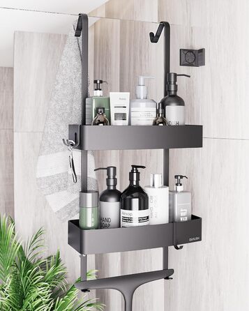 Настінна поличка для душу з захисним склом та гачками, чорна матова - без свердління