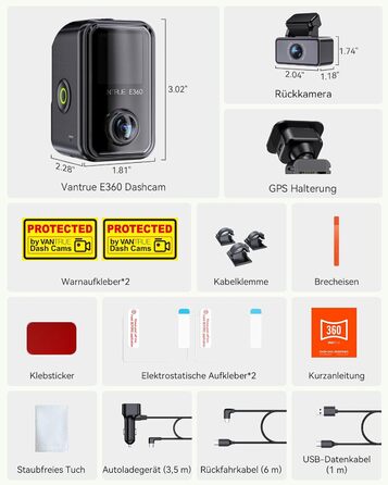 Панорамний відеореєстратор VANTRUE E360 Plus 5.2K Dual STARVIS 2 HDR 360°, з сенсорним екраном 1.54
