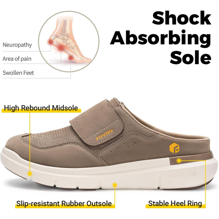 Домашні тапочки для чоловіків FitVille з широкою колодкою, з липучкою, з підтримкою склепіння стопи, розмір 41-50, пісочний колір