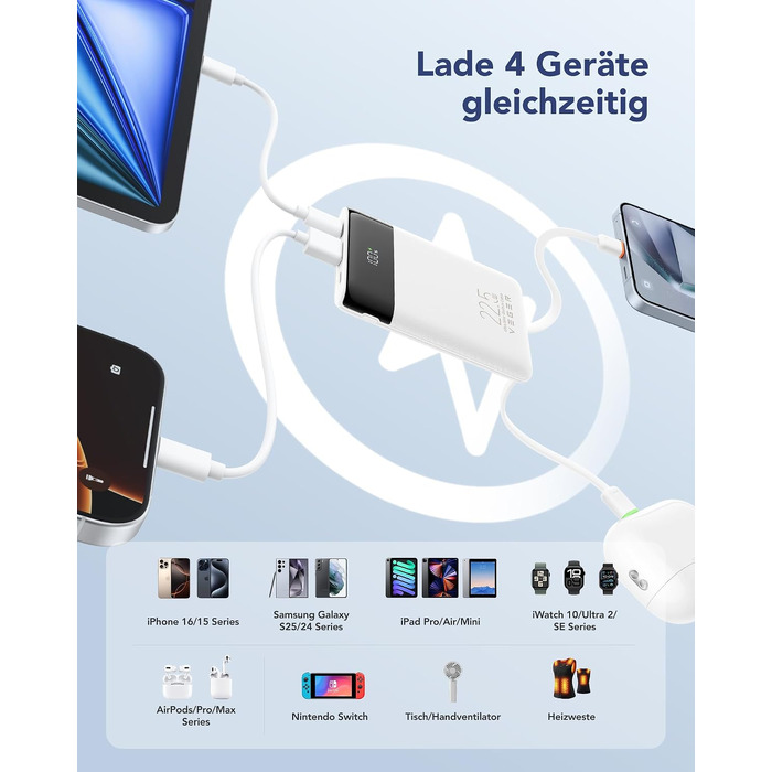 Повербанк VEGER 10000mAh 22.5W з вбудованим кабелем USB-C, швидка зарядка, білий