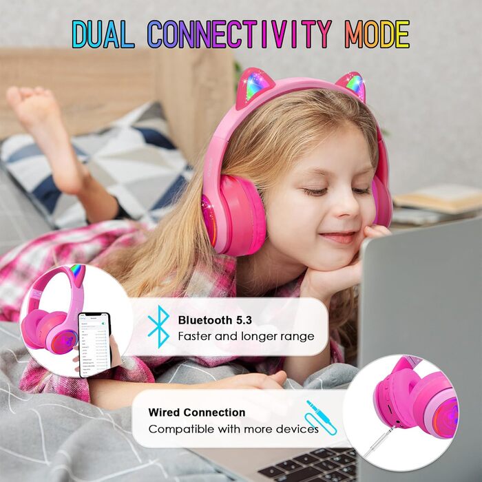 Дитячі бездротові навушники IFecco з мікрофоном, Bluetooth, LED, котячі вушка (рожевий)