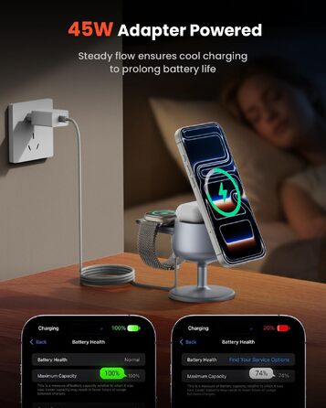 Бездротова зарядна станція 3-в-1 GEEKERA Qi2.2 25W для Apple: MagSafe швидкий заряд для iPhone 17/16/12, Apple Watch та AirPods, адаптер GaN 45W, срібляста