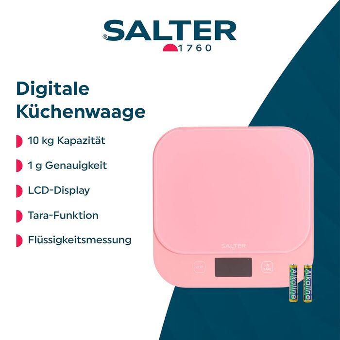 Цифрові кухонні ваги Salter British Bakes до 10 кг, точність 1 г, вологозахисні, з функцією тари та режимом вимірювання рідин, платформа з загартованого скла, рожеві
