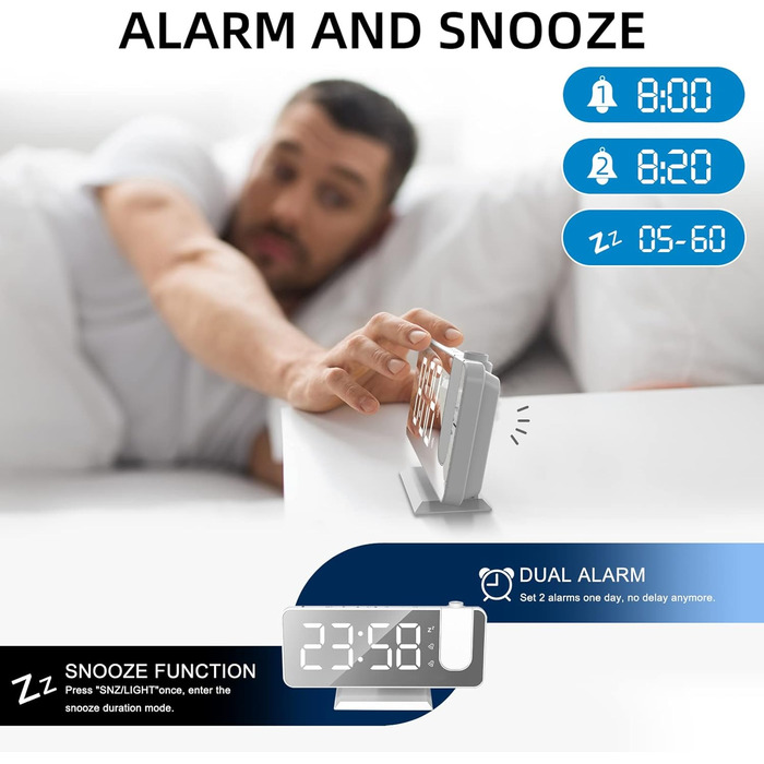 Exmate Projection Alarm Clock, Digital Alarm Clock with Projection, USB Charging Port, 7.5'' Large Mirror-LED Display, Snooze Dual-Alarm, Adjustable Brightness (White with Adapter)