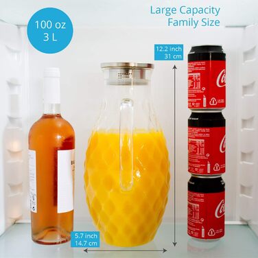 Borosilicate glass carafe with lid - Glass carafe with unique diamond pattern for 3 liters of cold or hot water - Water carafe and drink dispenser for homemade iced tea and juice