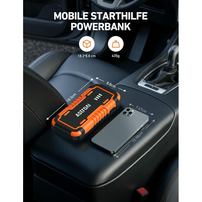 Powerbank AstroAI P10 для авто: пусковий пристрій, 10L бензин/8L дизель, 12V, LED, Orange