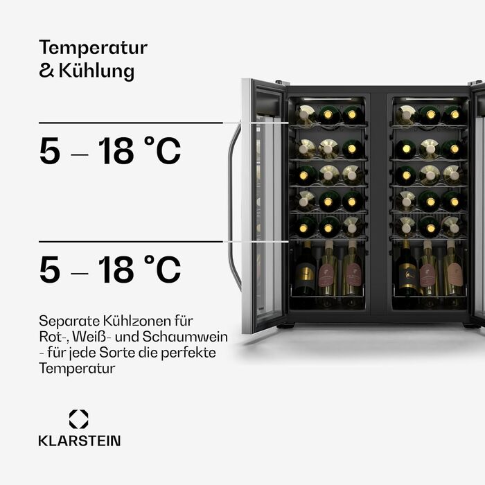 Klarstein 33-Bottle Freestanding Wine Refrigerator with Dual Zone Cooling & Glass Door - Indoor/Outdoor Beersafe with LED Lighting